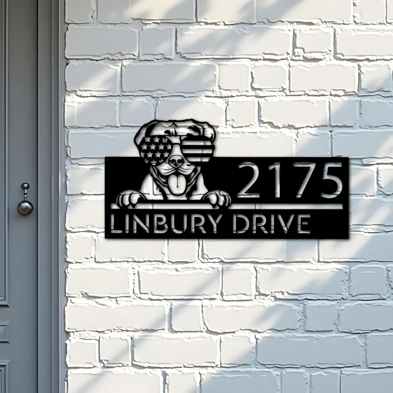 Custom Metal American Pitbull dog US glasses Metal Address Sign House number Hanging Address Plaque Yard Sign Outdoor decor