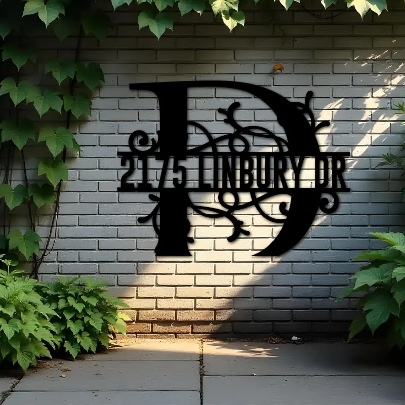 Custom Metal Floral Monogram Split Letter D Metal Address Sign House number Hanging Address Plaque Yard Sign Outdoor decor