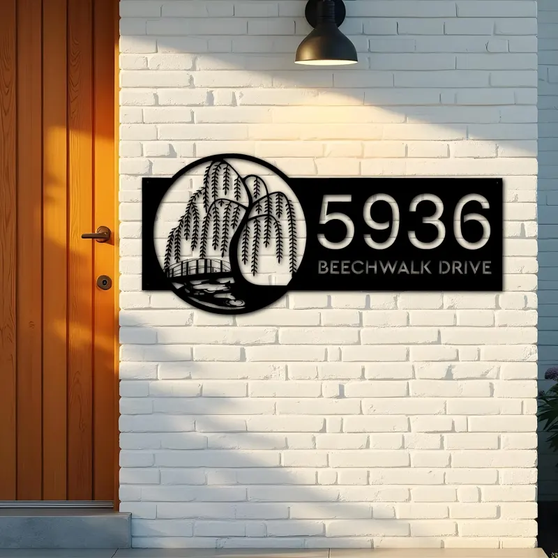Custom Metal Scene with willow tree river Metal Address Sign, House number, Outdoor Number Signage, Yard Sign Address Plate