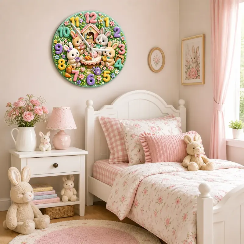 Bunny Tea Party Garden Kids Room Wall Clock