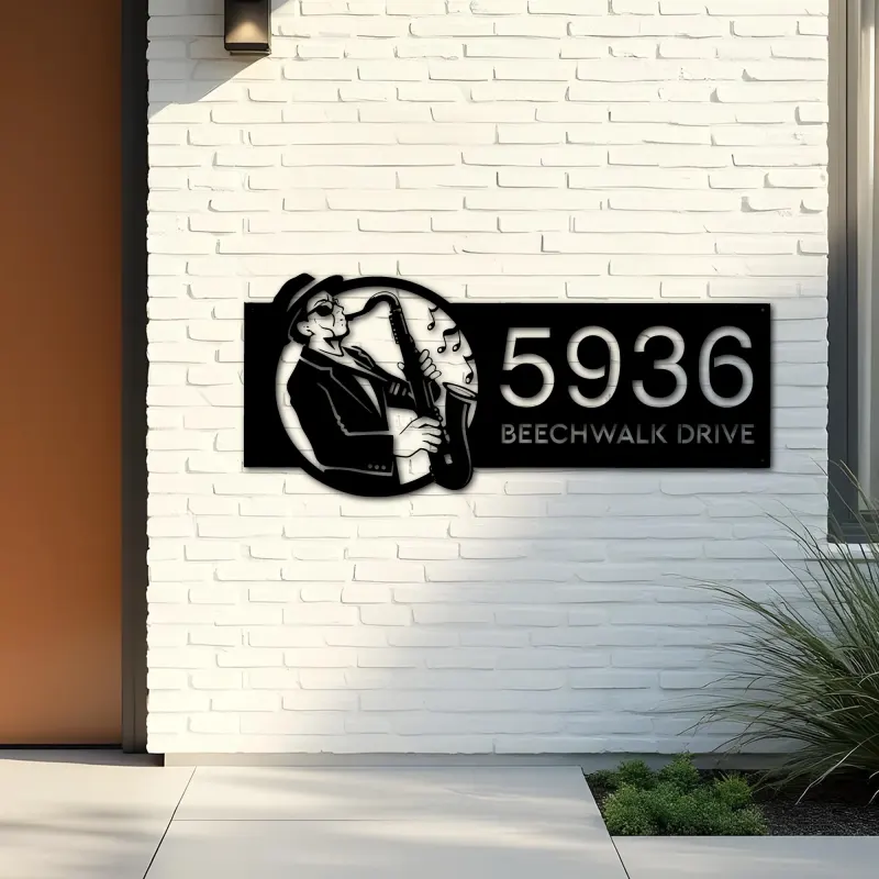 Custom Metal Saxophone player musician Metal Address Sign Custom House number Hanging Address Plaque Yard Sign Outdoor Sign