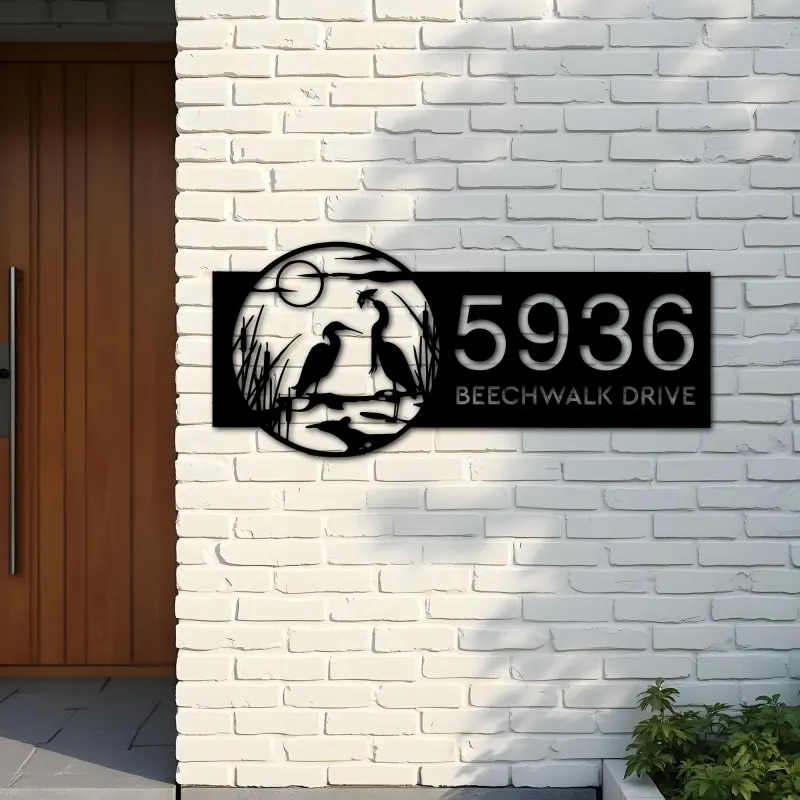 Custom Metal Heron Couple on Lake Metal Address Sign Custom House number Hanging Address Plaque Yard Sign Outdoor
