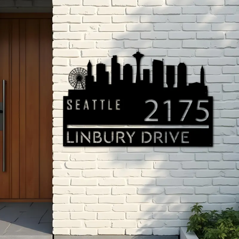 Custom Metal Seattle city skyline Metal Address Sign Hanging Address Plaque house number Yard Outdoor Sign