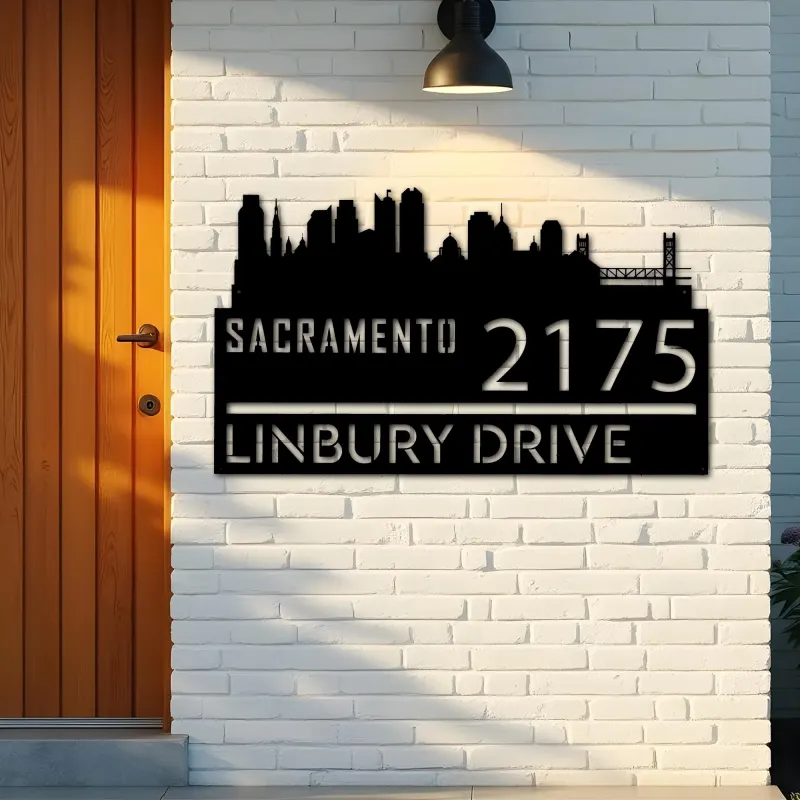 Custom Metal Sacramento city skyline Metal Address Sign Hanging Address Plaque house number Yard Outdoor Sign