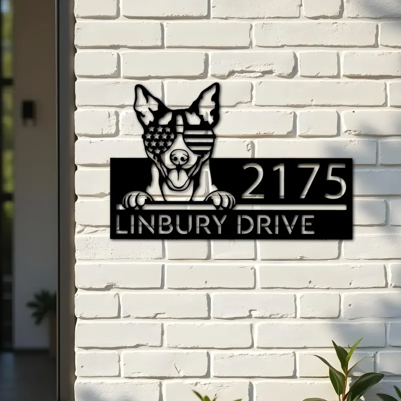 Custom Metal Rat terrier dog US flag glasses Metal Address Sign House number Hanging Address Plaque Yard Sign Outdoor decor