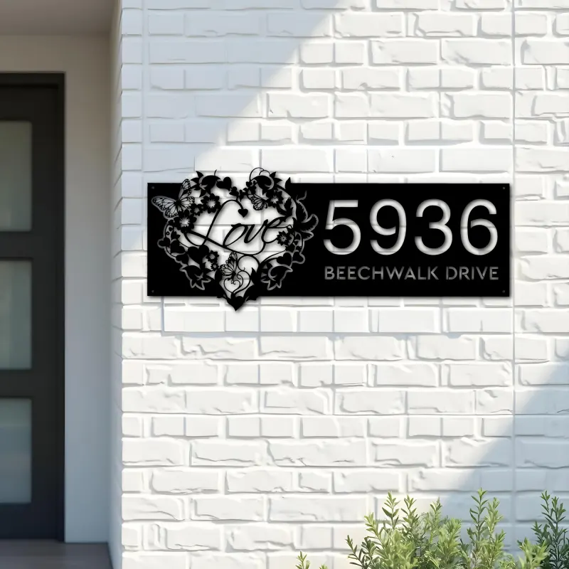 Custom Metal Floral Love heart butterfly Metal Address Sign, House number, Outdoor Number Signage, Yard Sign Address Plate