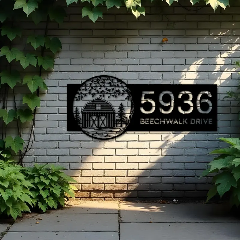 Custom Metal Tree and Farm in Pine Forest Scene Metal Address Sign, House number, Outdoor Number Signage, Yard Sign Address Plate
