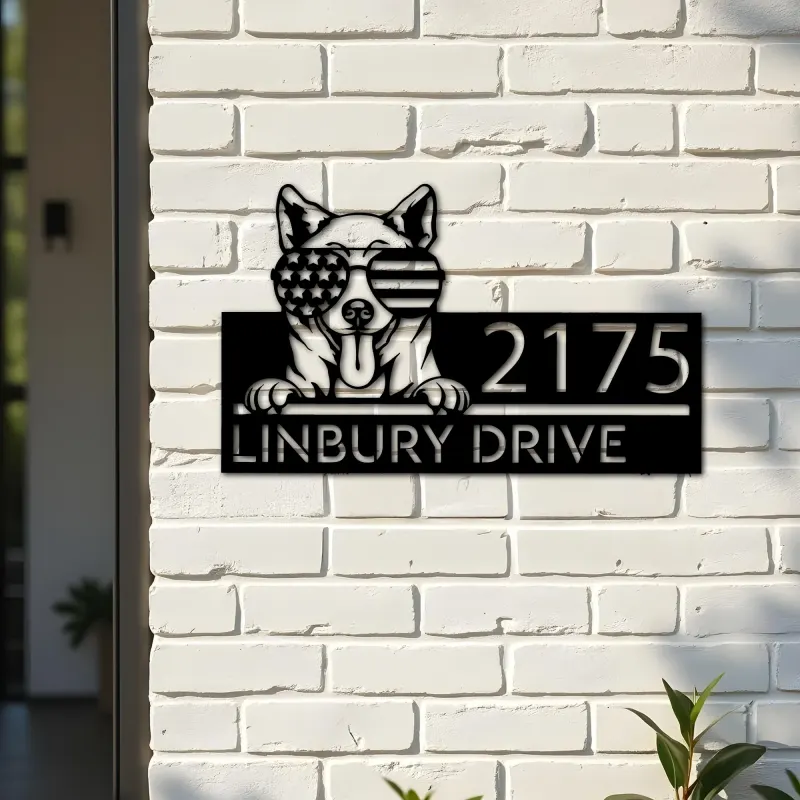 Custom Metal Shiba Inu dog US flag glasses Metal Address Sign House number Hanging Address Plaque Yard Sign Outdoor decor
