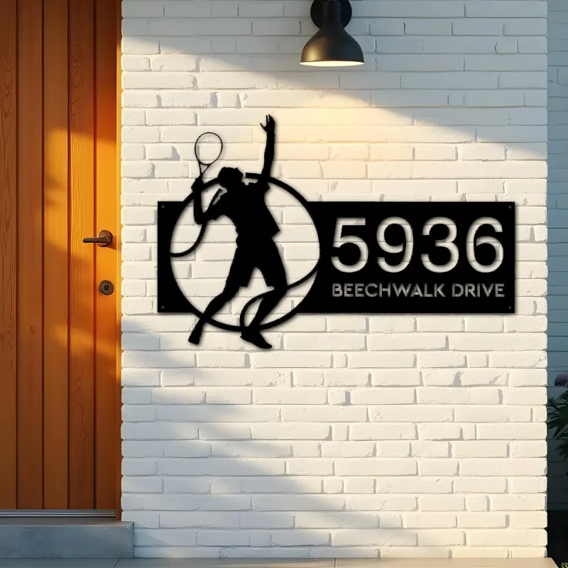 Custom Metal Tennis player Metal Address Sign, House number, Outdoor Number Signage, Yard Sign Address Plate