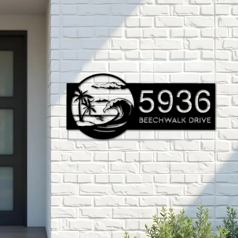 Custom Metal Waves palm tree Metal Address Sign, House number, Outdoor Number Signage, Yard Sign Address Plate