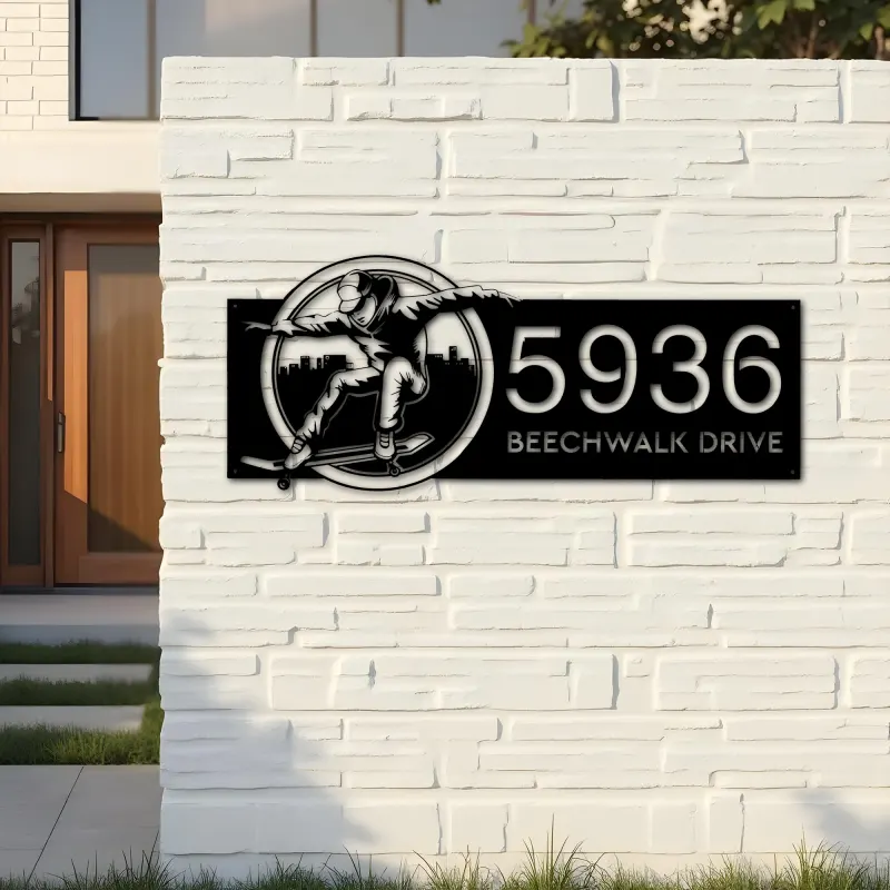 Custom Metal Skateboarder sport Skateboard Metal Address Sign, House number, Outdoor Number Signage, Yard Sign Address Plate