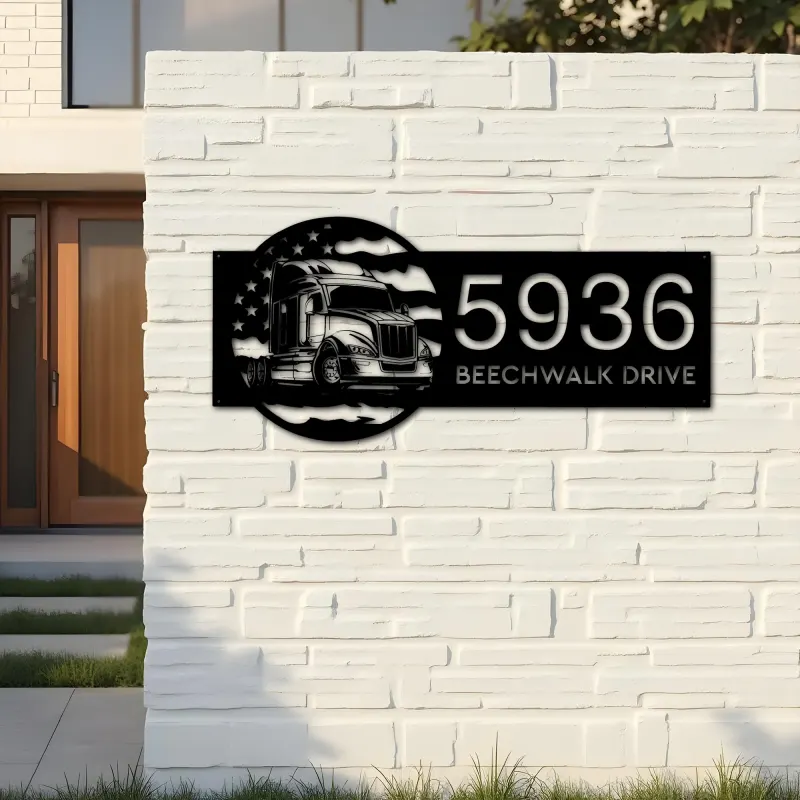 Custom Metal Semi truck on US flag trucker driver Metal Address Sign, House number, Outdoor Number Signage, Yard Sign Address Plate