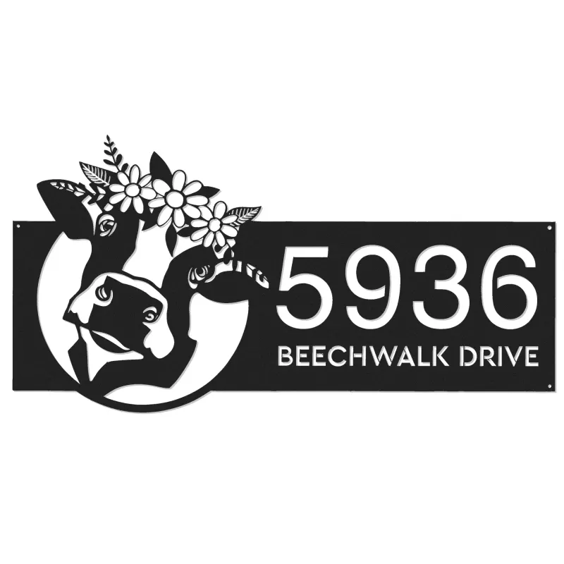 Custom Metal Floral Cow Ranch farmhouse farm animal Metal Address Sign, House number, Outdoor Number Signage, Yard Sign Address Plate