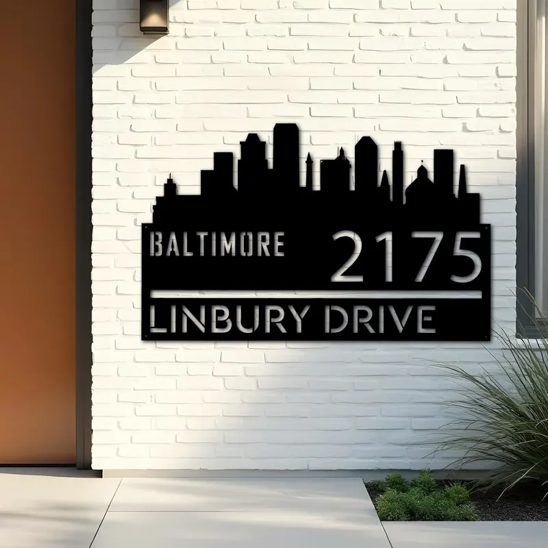 Custom Metal Baltimore city skyline Metal Address Sign Hanging Address Plaque house number Yard Outdoor Sign