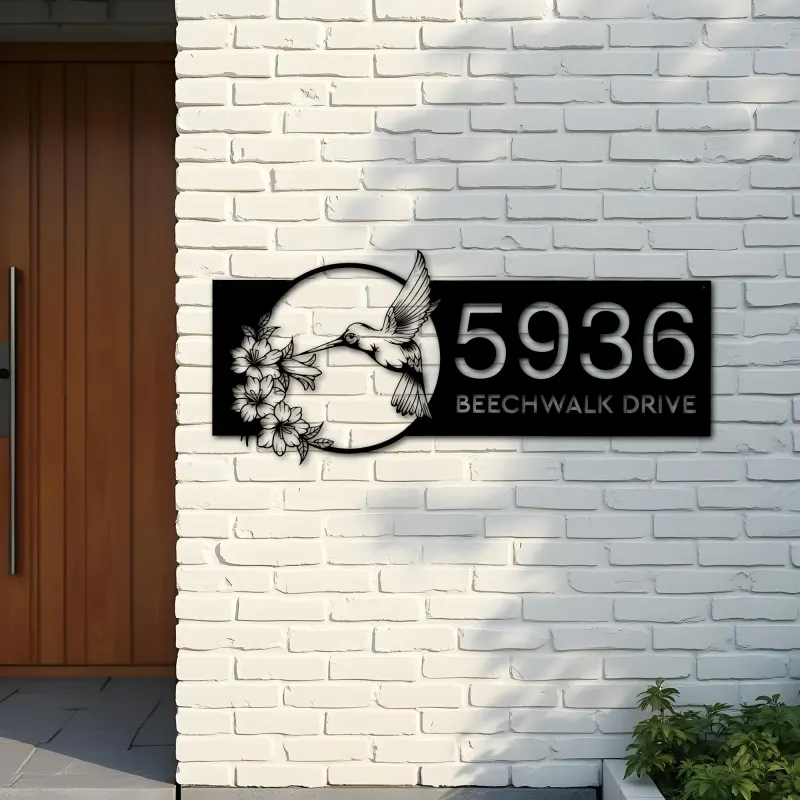 Custom Metal Hummingbird Floral Wreath Metal Address Sign, House number, Outdoor Number Signage, Yard Sign Address Plate