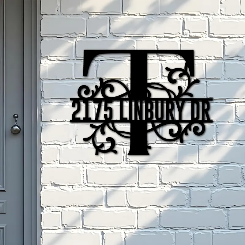 Custom Metal Floral Monogram Split Letter T Metal Address Sign House number Hanging Address Plaque Yard Sign Outdoor decor