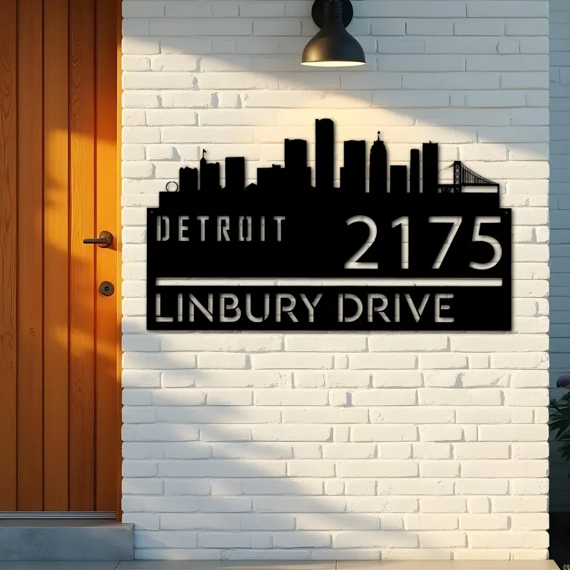 Custom Metal Detroit city skyline Metal Address Sign Hanging Address Plaque house number Yard Outdoor Sign