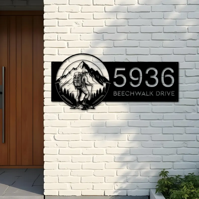 Custom Metal Hiker Camping mountain climbing Metal Address Sign, House number, Outdoor Number Signage, Yard Sign Address Plate
