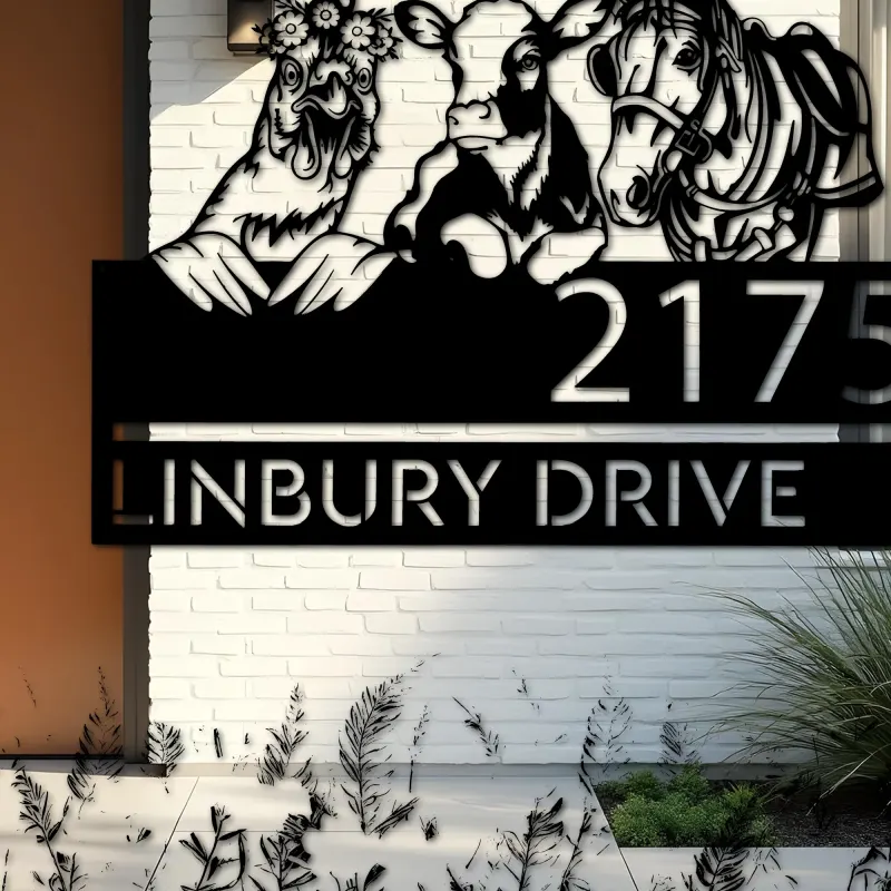 Custom Metal Chicken Cow horse farmhouse farm animals Metal Address Sign, House number, Outdoor Number Signage, Yard Sign Address Plate