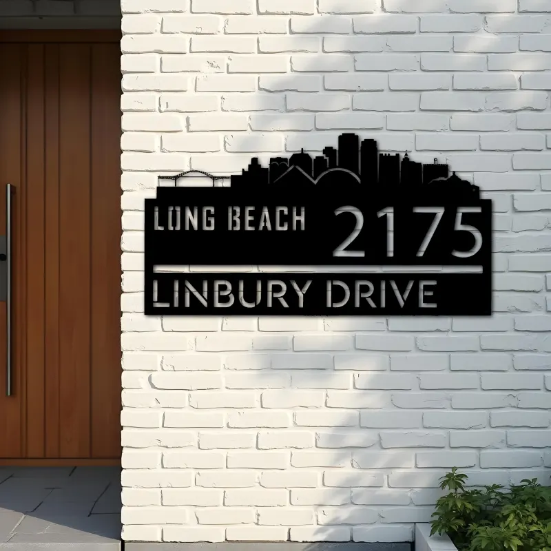 Custom Metal Long Beach city skyline Metal Address Sign Hanging Address Plaque house number Yard Outdoor Sign
