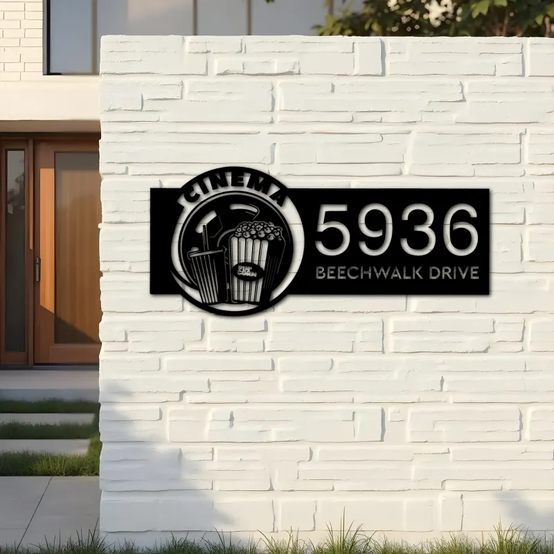 Custom Metal Cinema popcorn movie lover Metal Address Sign Custom House number Hanging Address Plaque Yard Sign Outdoor