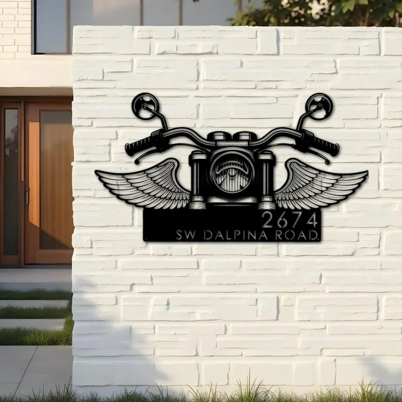 Custom Metal Biker Bike rider Motocycle with wings Metal Address Sign, House number, Outdoor Number Signage, Yard Sign Address Plate
