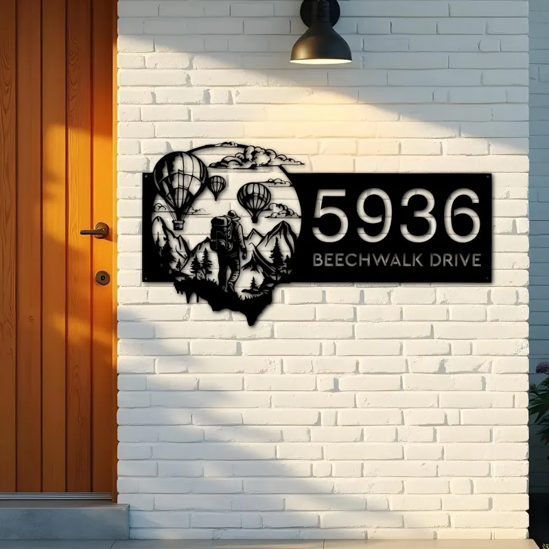 Custom Metal Hot Air Balloon Sky Adventure Travel Metal Address Sign, House number, Outdoor Number Signage, Yard Sign Address Plate