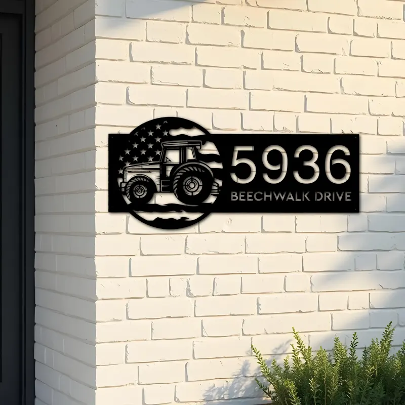 Custom Metal Farm tractor US flag Metal Address Sign Custom House number Hanging Address Plaque Yard Sign Outdoor