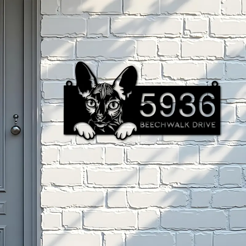 Custom Metal Sphynx Cute peeking cat kitten Metal Address Sign, House number, Outdoor Number Signage, Yard Sign Address Plate