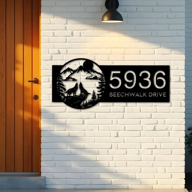 Custom Metal Howling Wolves on Cliff Mountains Metal Address Sign Custom House number Hanging Address Plaque Yard Sign Outdoor