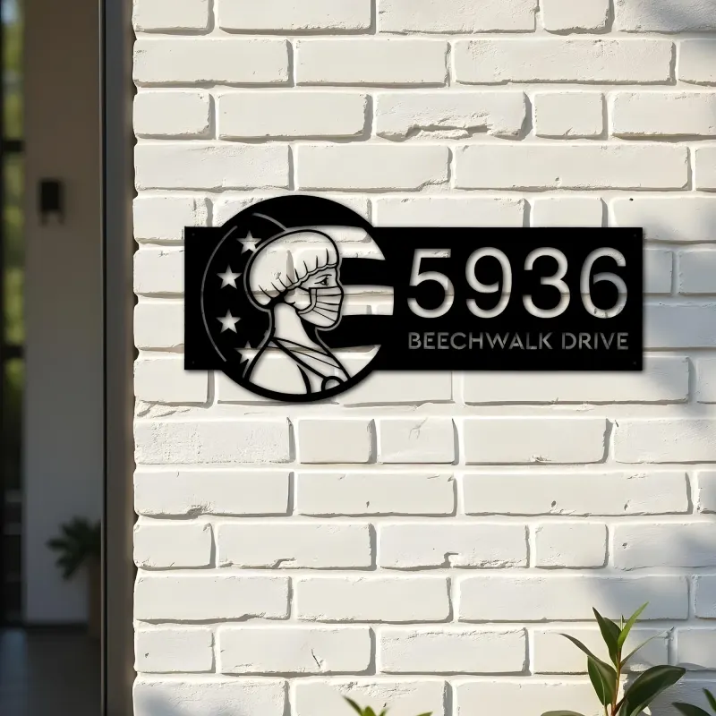 Custom Metal American Nurse Wearing Mask Metal Address Sign, House number, Outdoor Number Signage, Yard Sign Address Plate