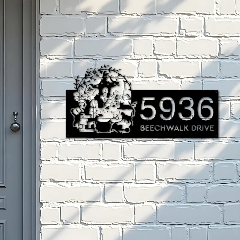 Custom Metal Witch and black cat halloween Metal Address Sign, House number, Outdoor Number Signage, Yard Sign Address Plate