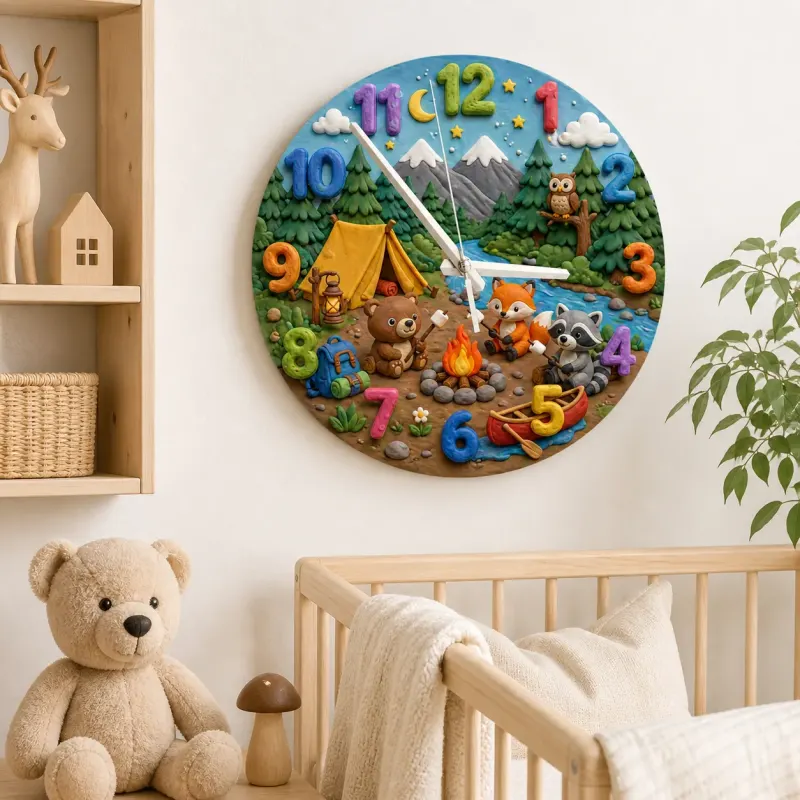 Woodland Camping Animals Kids Room Wall Clock