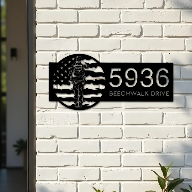 Custom Metal Policeman police officer US Flag Metal Address Sign House number Hanging Address Plaque Yard Sign Outdoor