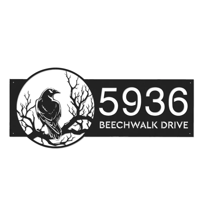 Custom Metal Black crow raven on a tree branch Metal Address Sign, House number, Outdoor Number Signage, Yard Sign Address Plate