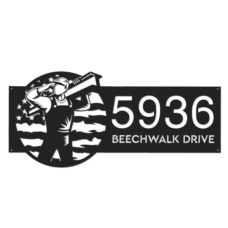 Custom Metal Construction worker US flag Metal Address Sign, House number, Outdoor Number Signage, Yard Sign Address Plate