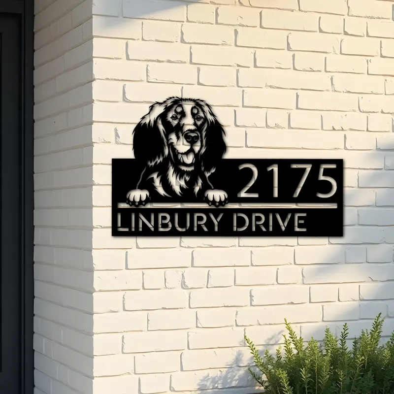 Custom Metal Golden setter dog Puppy Metal Address Sign House number Hanging Address Plaque Yard Sign Outdoor decor