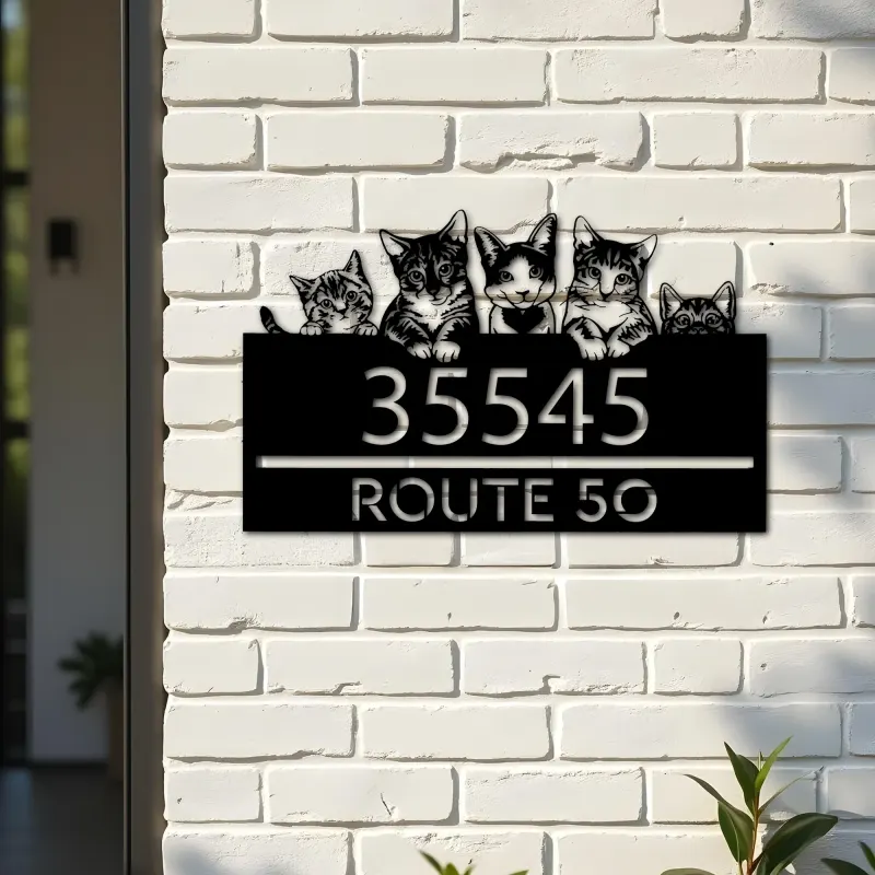 Custom Metal Cute peeking cats kittens Metal Address Sign, House number, Outdoor Number Signage, Yard Sign Address Plate