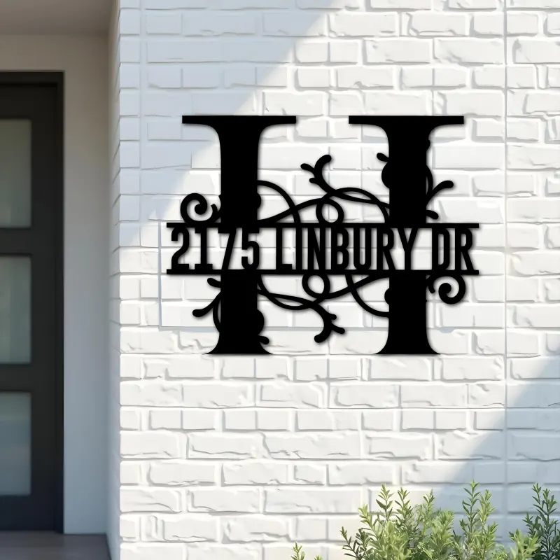 Custom Metal Floral Monogram Split Letter H Metal Address Sign House number Hanging Address Plaque Yard Sign Outdoor decor