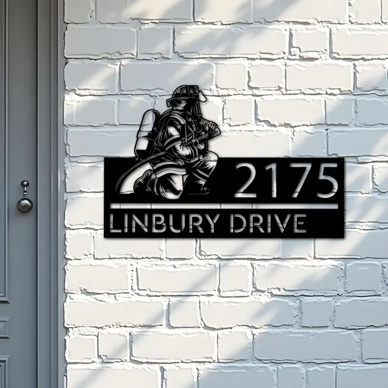 Custom Metal Fireman fire fighter Metal Address Sign, House number, Outdoor Number Signage, Yard Sign Address Plate
