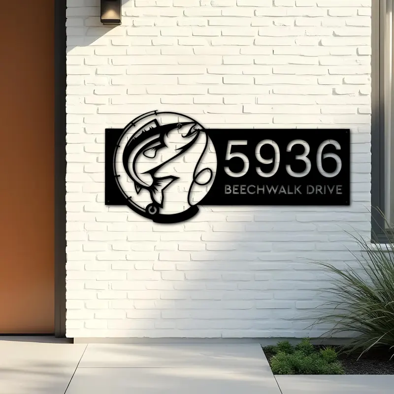 Custom Metal Fish Fishing rod Metal Address Sign Custom House number Hanging Address Plaque Yard Sign Outdoor