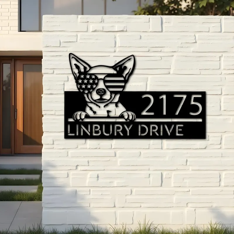 Custom Metal Chihuahua dog US flag glasses Metal Address Sign House number Hanging Address Plaque Yard Sign Outdoor decor