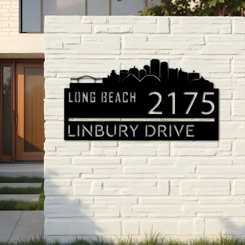 Custom Metal Long Beach city skyline Metal Address Sign Hanging Address Plaque house number Yard Outdoor Sign
