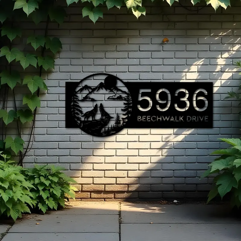 Custom Metal Howling Wolves on Cliff Mountains Metal Address Sign Custom House number Hanging Address Plaque Yard Sign Outdoor