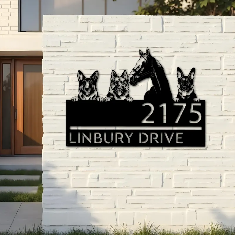 Custom Metal German shepherd Dogs and horse Metal Address Sign House number Hanging Address Plaque Yard Sign Outdoor decor