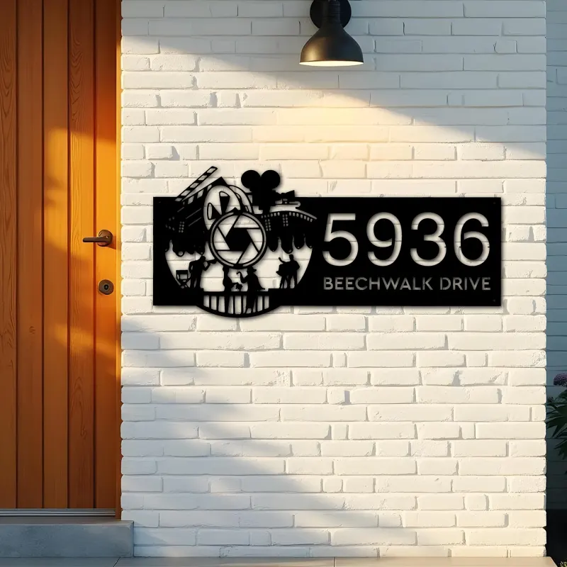 Custom Metal Cinema movie camera Metal Address Sign Custom House number Hanging Address Plaque Yard Sign Outdoor