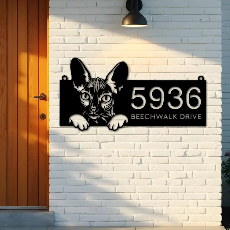 Custom Metal Sphynx Cute peeking cat kitten Metal Address Sign, House number, Outdoor Number Signage, Yard Sign Address Plate