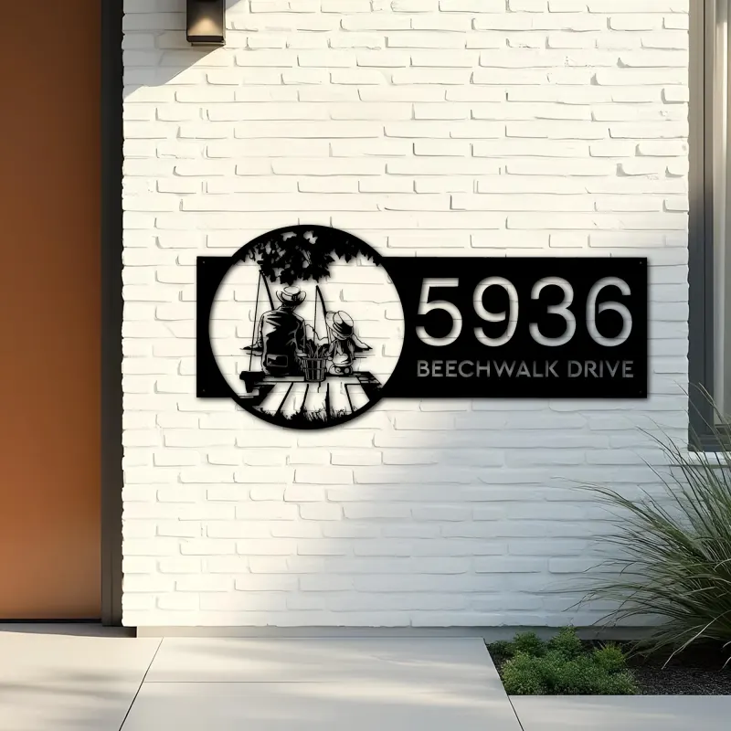 Custom Metal Father and daughter go fishing Metal Address Sign Custom House number Hanging Address Plaque Yard Sign Outdoor