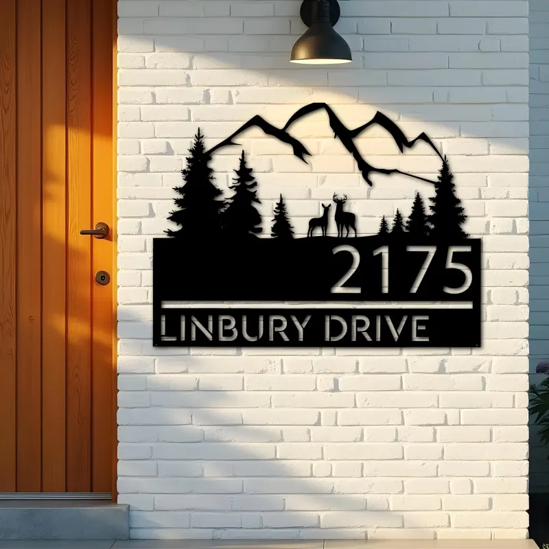 Custom Metal Deer couple mountain scene Metal Address Sign, House number, Outdoor Number Signage, Yard Sign Address Plate