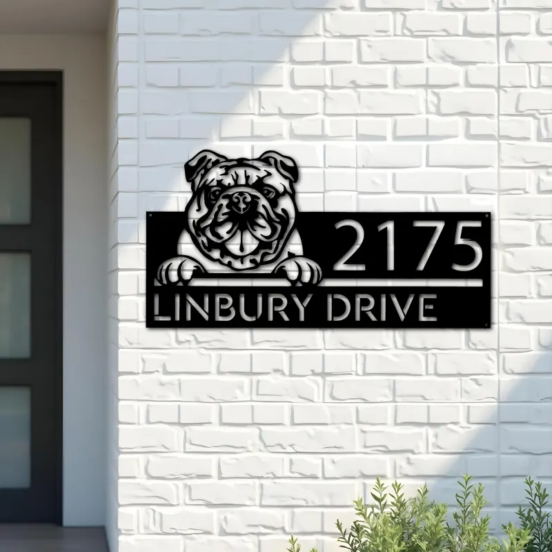 Custom Metal English Bulldog dog Puppy Metal Address Sign House number Hanging Address Plaque Yard Sign Outdoor decor